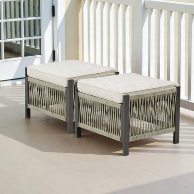 Outdoor PE Wicker Ottomans Set of 2 with Beige Cushions
