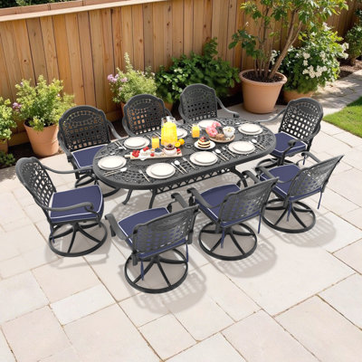 All-Weather Cast Aluminum Dining Set, Include Swivel Chairs And Oval Table With Black Frame