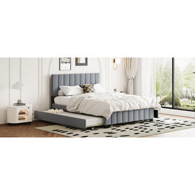 Gray Queen Size Platform Bed With Velvet Upholstery. 2 Drawers And Twin Xl Trundle. Stable Structure. Create A Comfortable Bedroom Upholstery & Solid Particle Board. Enhance Comfort Storage