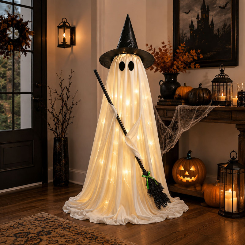 Décoration de porche lumineux avec chapeau de sorcière et balai