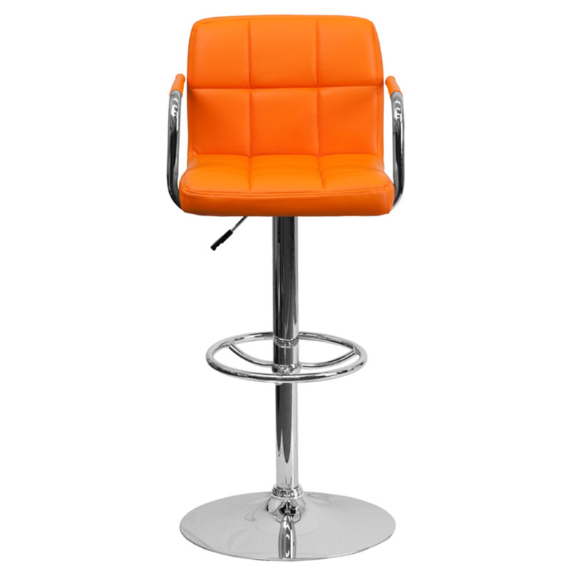 Contemporary Orange Quilted Vinyl Adjustable Swivel Barstool with Chrome Base
