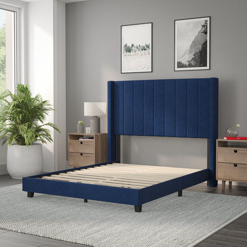 Upholstered Platform Bed with Vertical Stitched Wingback Headboard, Slatted Mattress Foundation, Full / Double, Navy
