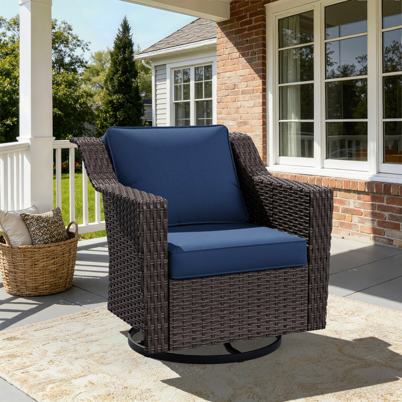 Outdoor Wicker Swivel Rocker Chair with Cushions, All-Weather Rattan Patio Accent Chair for Porch, Deck, and Garden, Blue