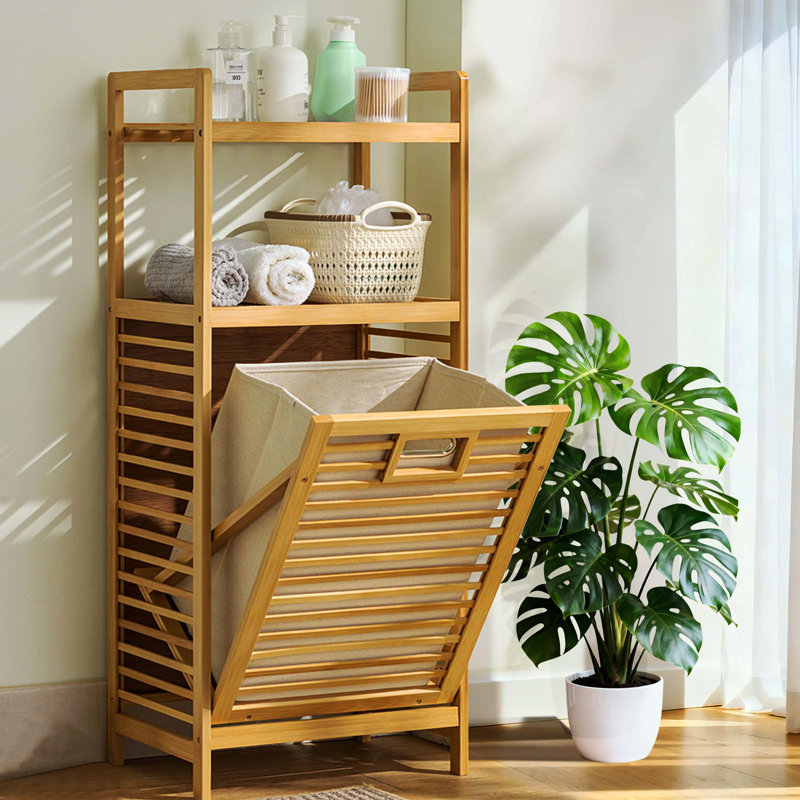 Grand panier à linge à 2 niveaux avec panier inclinable et tablettes de rangement, organisateur pour salle de lavage, salle de bain, chambre à coucher et garde-robe