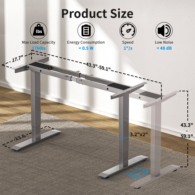 Structure de bureau électrique à deux moteurs avec contrôleur de mémoire, pieds de table de bureau d'ordinateur réglables jusqu'à 47,3 po pour bureau à domicile, montage rapide