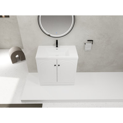 »Meuble-lavabo autoportant avec lavabo en résine blanche et 2 portes d'armoire à fermeture en douceur (kd-emballage)