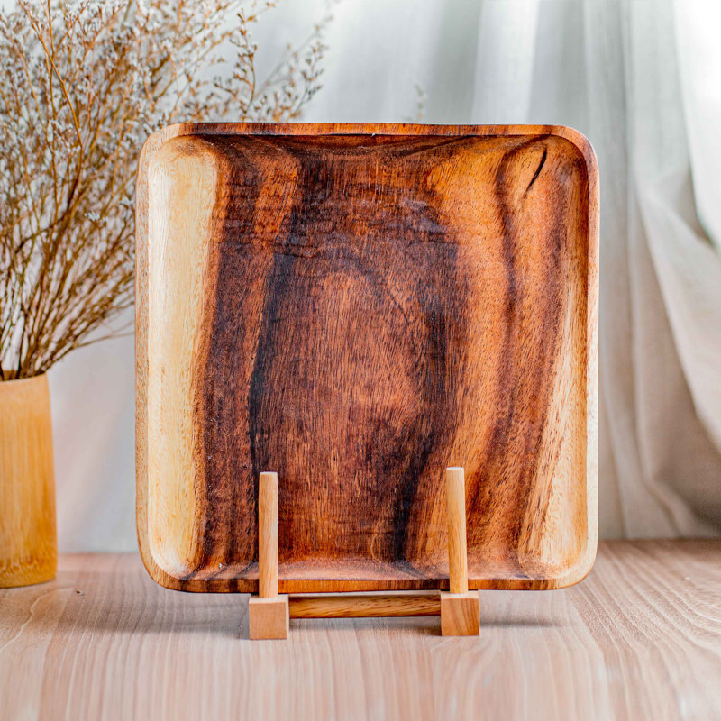 Assiette à salade carrée en bois d'acacia