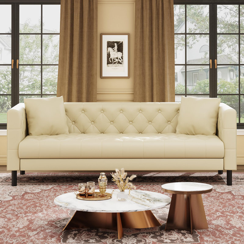 81" Leather Couch, Handmade Button Tufted 3 Seater Sofa, Chesterfield Sofa with Deep Seat, Beige