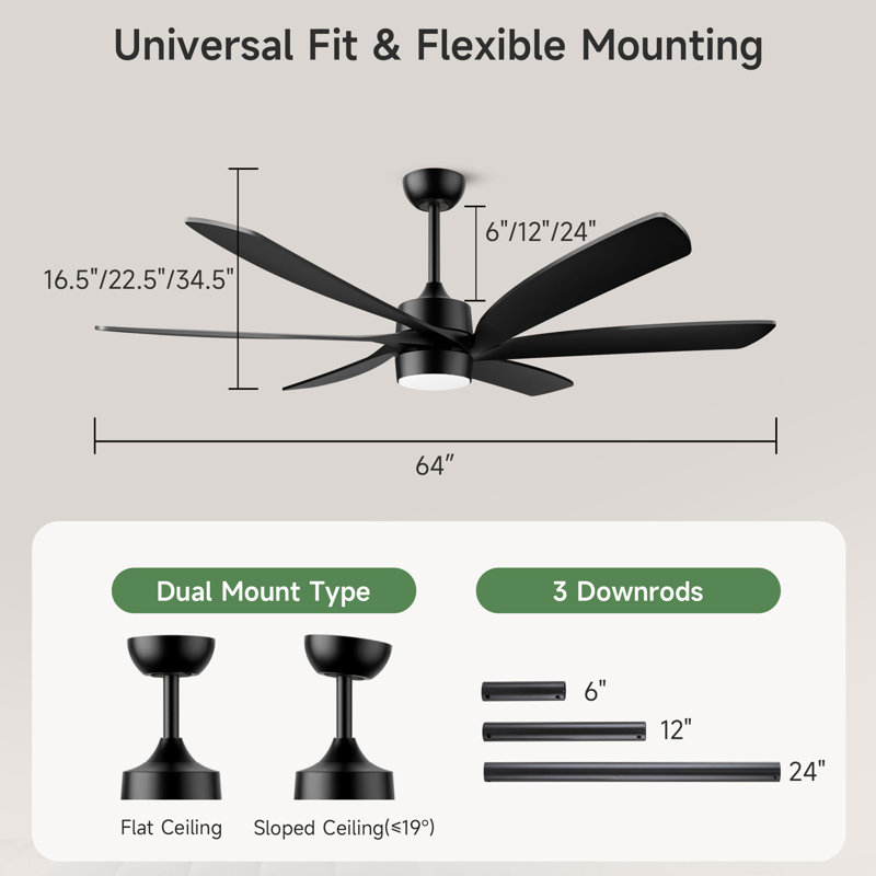 Grand ventilateur de plafond noir de 64 pouces avec lumière et télécommande, 6 pales en ABS, moteur à courant continu réversible et silencieux pour le salon intérieur