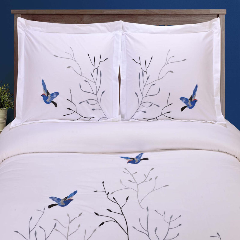 Blue Swallow Embroidered Cotton King/California King Duvet Cover Set