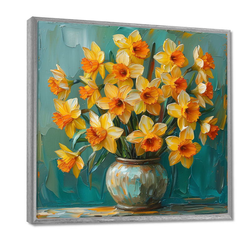 Bloom, orange, nature morte, jonquilles II - Jonquilles, art mural, salon, H 16 po x l 16 po, Encadrement argenté