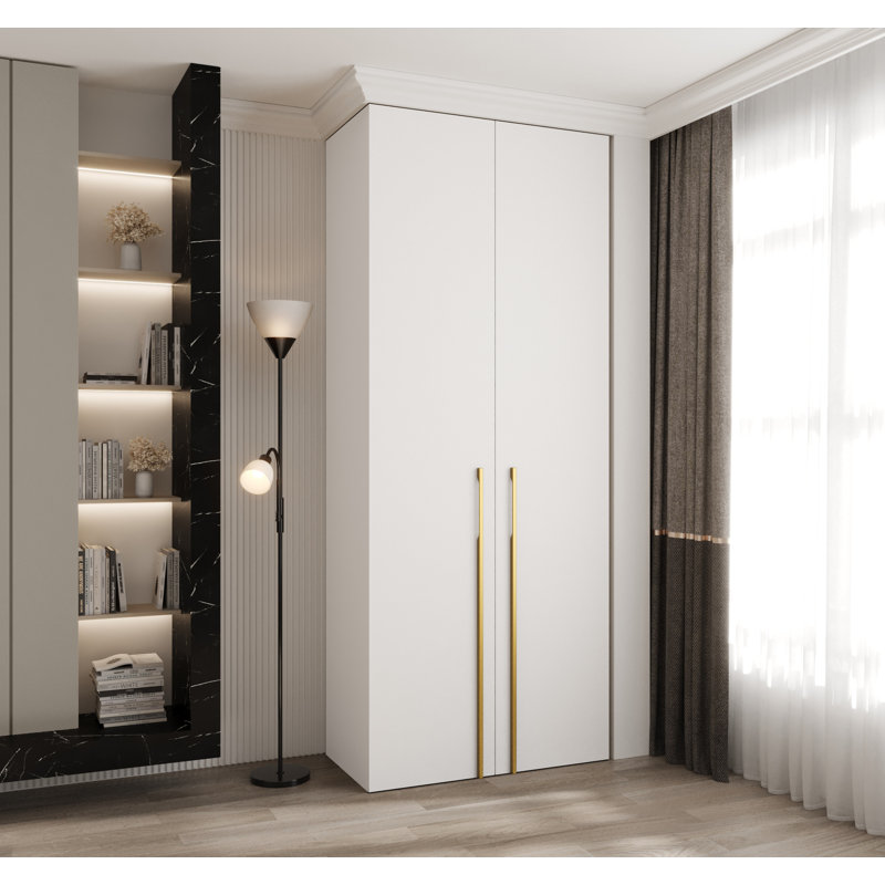 2 Door Manufactured Wood Wardrobe, 245,5 H x 100 W x 40 D, white matt + handles: gold