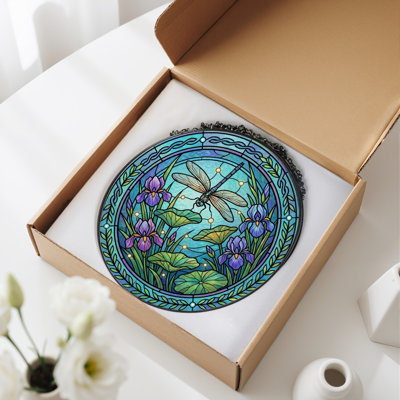 Dragonfly Iris Stained Glass Window Panel，12"H
