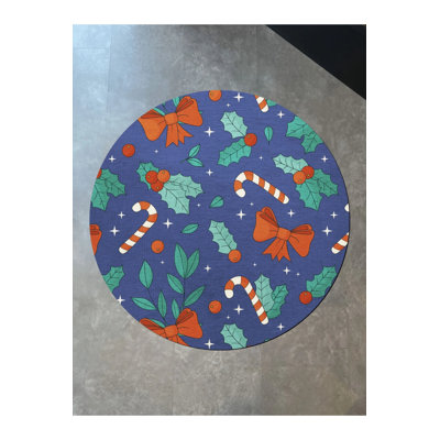 New Year's Themed Multicolored Mixed Ornamental Floral Patterned Modern Woven Base Round Decorative Carpet