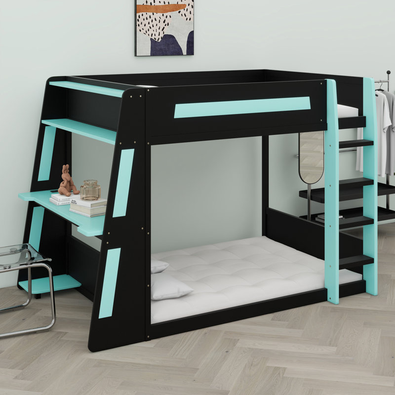 Lit superposé en bois avec bureau, Noir / Bleu