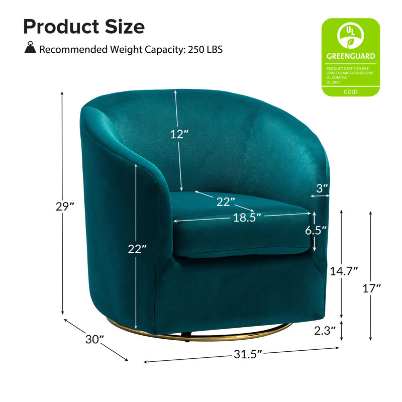 Holden 31.5" Wide Velvet Swivel Barrel Chair, Velours sarcelle