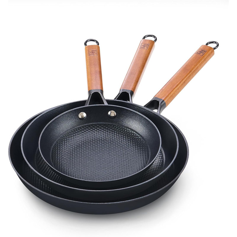 DM Cast Iron 8/10/12 Inch Nonstick Skillets, 3 Piece Frying Pan Set with Detachable Acacia Wooden Handle, Honeycomb Non Stick Omelette Egg Pan, Induction Cookware Easy Clean Oven Safe Pans for Cooking