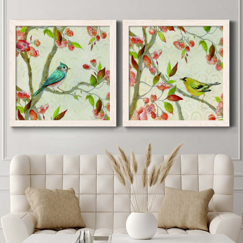 Song of Spring Blue Af après-midi, ensemble de 2 peintures sur toile encadrées, Cadre blanc, H 31,5 po x l 63 po x P 1,5 po