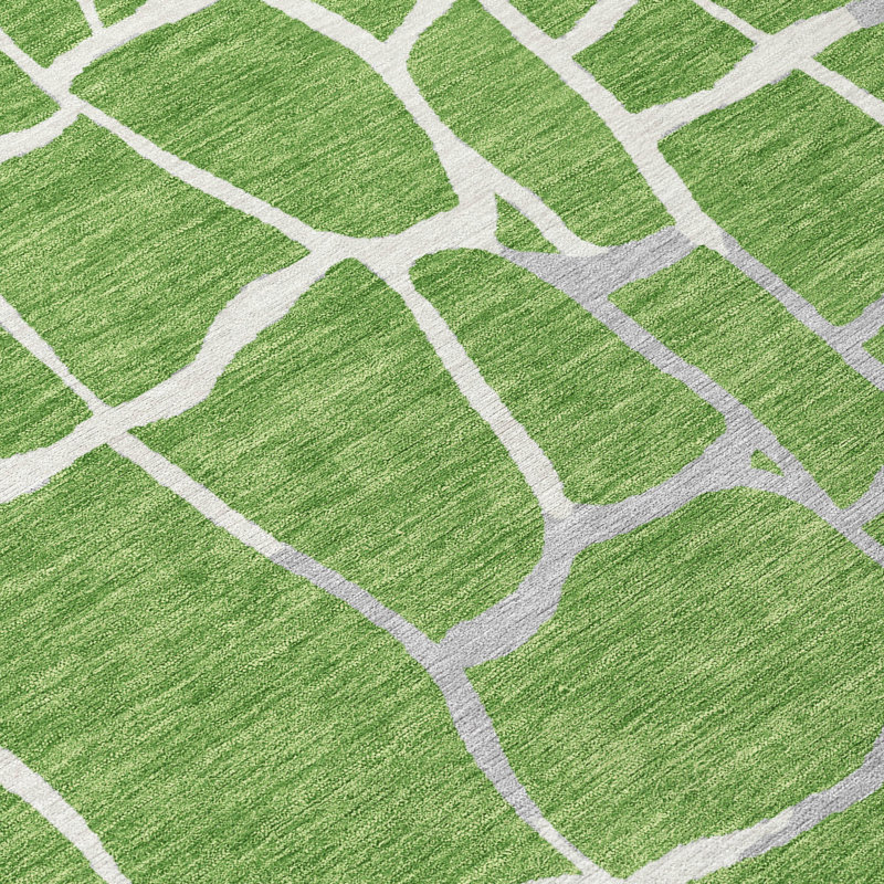 Green and White Synthetic Mosaic Pattern Washable Area Rug
