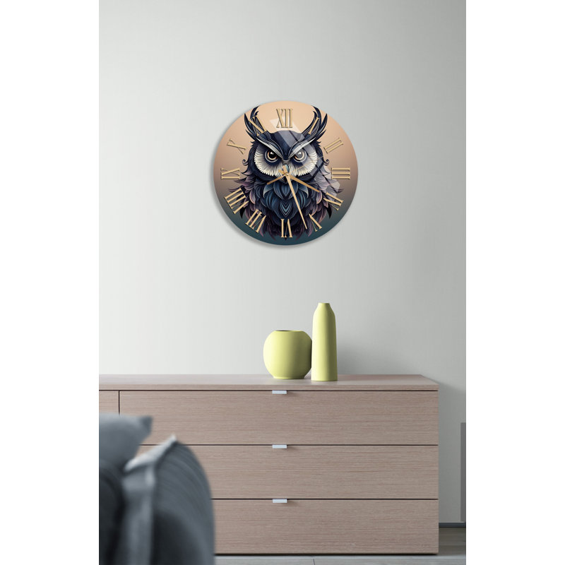 Horloge murale stylisée en forme de hibou cornu en verre trempé bleu et mauve, Doré