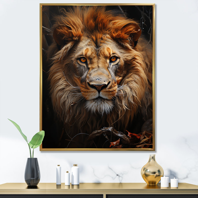 Intense Lions Gaze Realism III sur toile, Cadre flottant doré, H 44 po x l 34 po x P 1,5 po