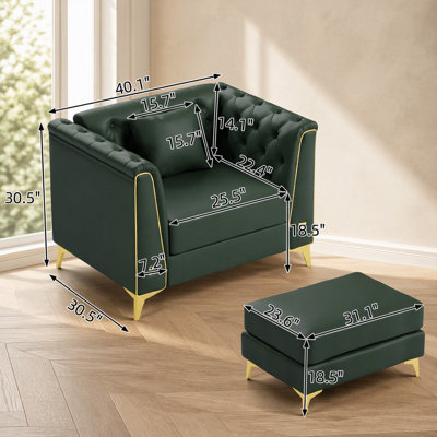 Élégant canapé Chesterfield modulaire 1 place avec similicuir, capitonnage à boutons fait main et accoudoirs en métal pour un salon moderne