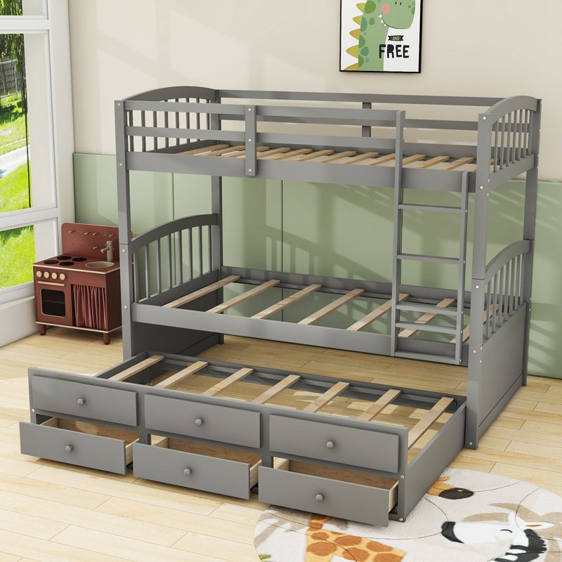 Effrem Kids Twin Over Twin Bunk Bed with Trundle with Drawers, Gray