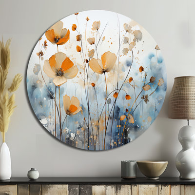 Art botanique orange et bleu discret II - Art abstrait rond en métal