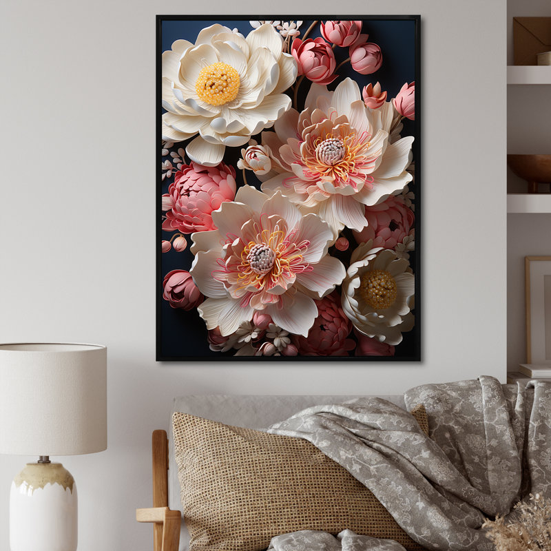 Pivoines ornées d'accents dorés magiques, Cadre flottant noir, H 32 po x l 24 po x P 1 po