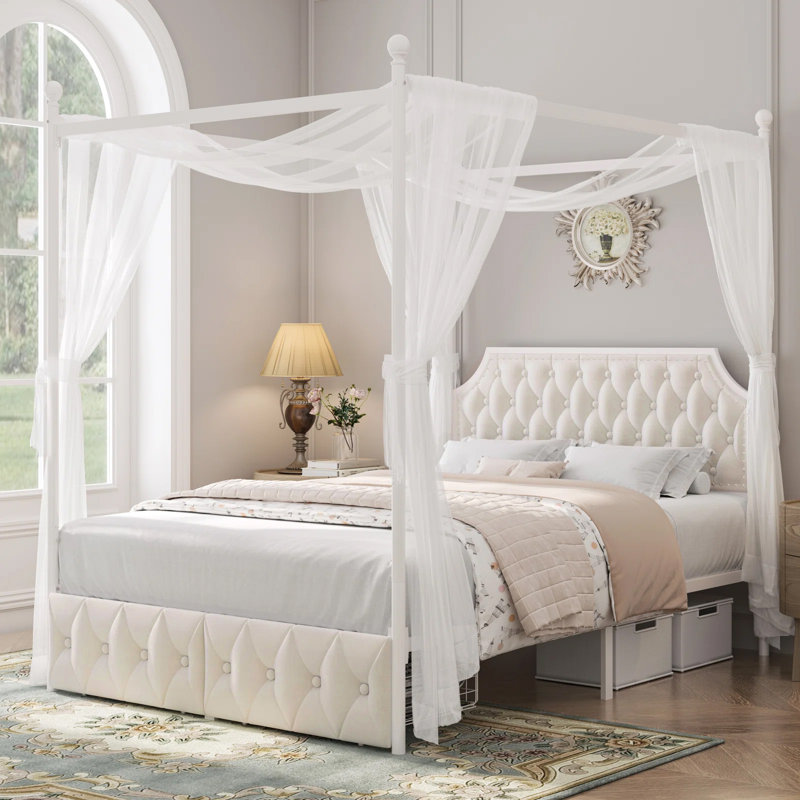 Artevious Upholstered Metal Canopy Storage Bed, Off White, Queen