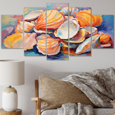«Expressionist Seashells Collage II», art mural animaux, salon, 5 panneaux