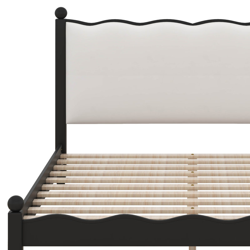 Lit plateforme en bois avec tête de lit tapissier, cadre de lit de style rétro avec tête de lit ondulée, Grand lit