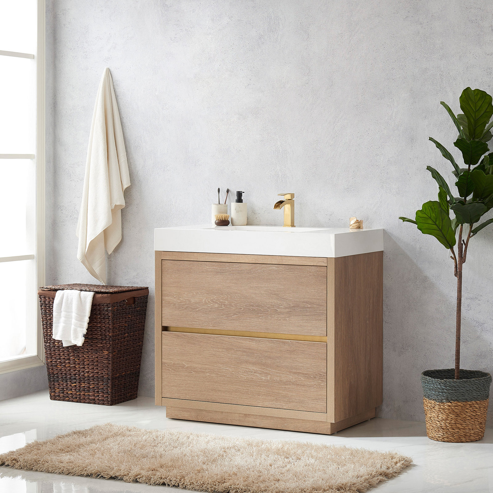 Beira Single Bathroom Vanity, North American Oak, White, 36"