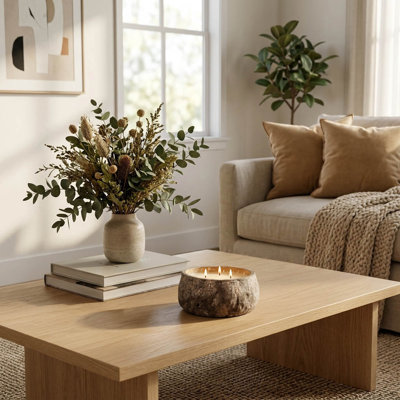 Bougie rustique parfumée à la vanille dans un récipient en pierre texturée pour le salon ou la chambre - Accessoire décoratif pour table basse ou étagère - Brun et beige