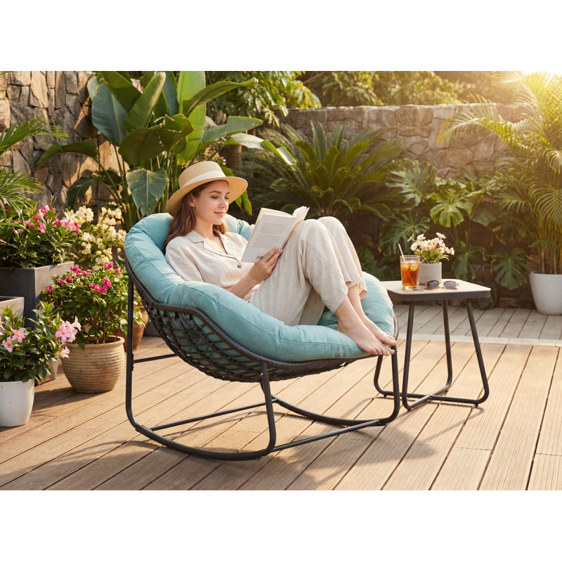  Chaise berçante surdimensionnée Papasan pour l'extérieur avec coussin moelleux, fauteuil de patio confortable, chaise berçante en osier pour balcon / porche / jardin, structure en rotin renforcé toutes saisons, support de 330 lb