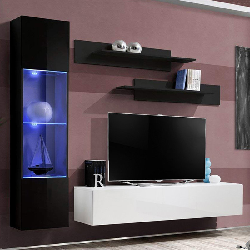 Viroqua 85" Modern Floating Wall Mounted Entertainment Center with 16-Color LED Lighting, High Gloss Finish, Black/White