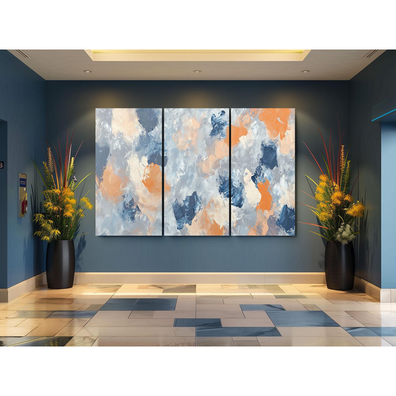 Art mural sur toile Triptych - abstrait bleu orange sur toile Triptyque, grand décor texturé impressionniste moderne prêt à être accroché ou enroulé