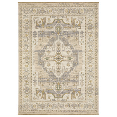 Abena Beige Gray Medallion Oriental Wool Rug