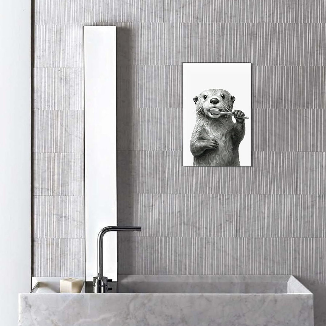 Funny Otter Bathroom Wall Art, 12" X 16" Black And White Framed Animal Bathroom Decor Wall Art, Cute Otter Bathroom Decor For Kids Bathroom Home Toile