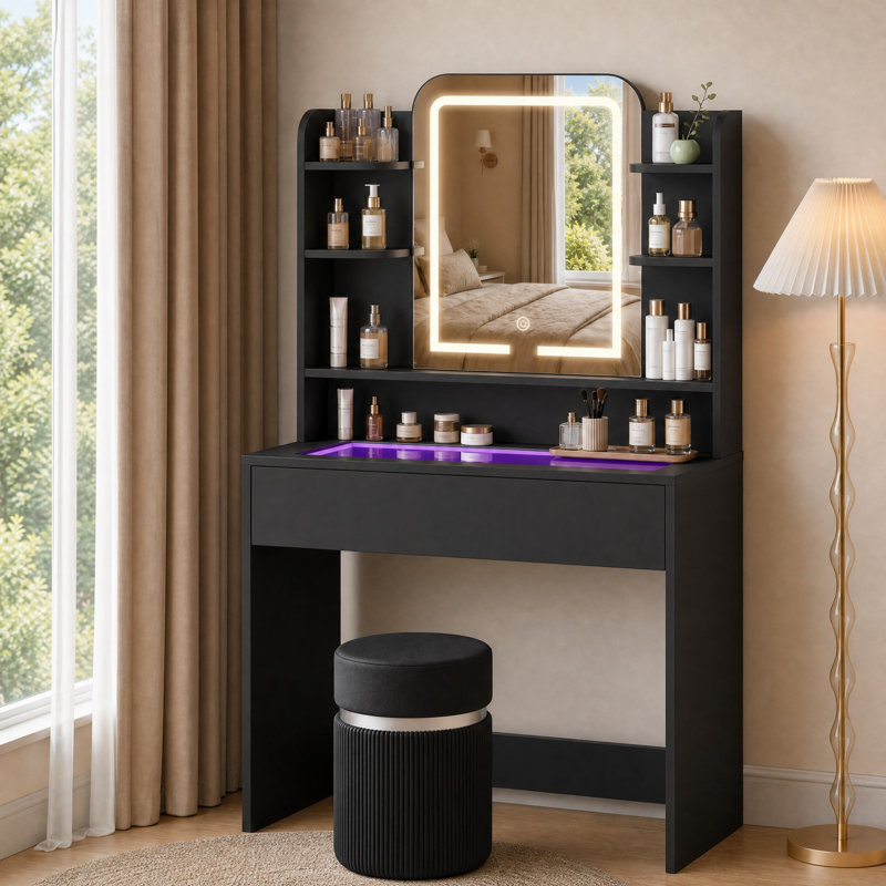 Makeup Vanity with LED Lighted Mirror and RGB Lighting Glass Top for Bedroom, Black