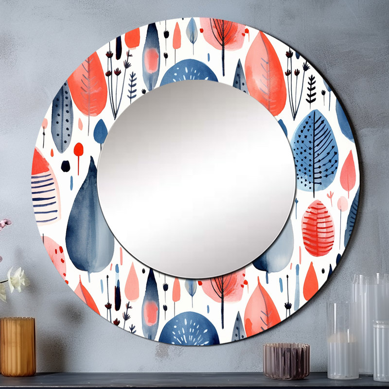 Blue Coral Scandinave Floral Elegance I - miroir décoratif abstrait, grand miroir mural rond bleu, impression d'art en métal