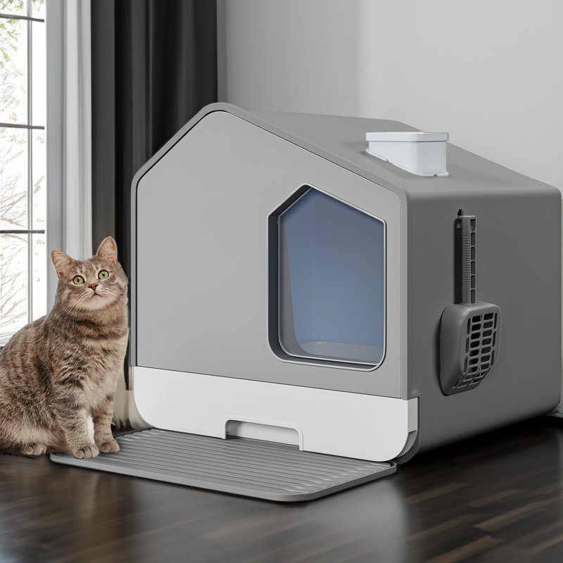 Adona Plastic Enclosed Litter Box with Scoop, Grey