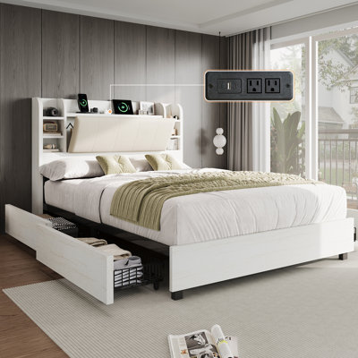 47.2" Bookcase Upholstered Bed Frame with 4 Storage Drawers