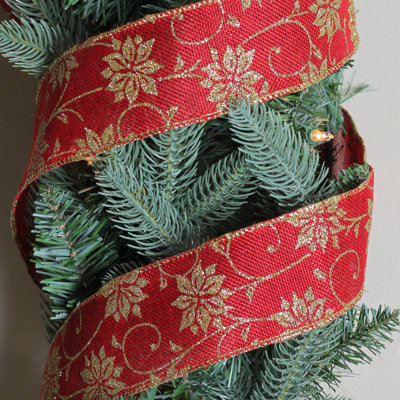 Ruban de Noël artisanal rouge canard et poinsettia filaire 2,5 po x 10 po