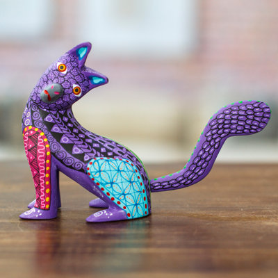 Dakota Fields Handmade Curious Cat In Purple Wood Alebrije Figurine