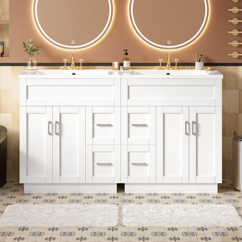 Meuble-lavabo de 60 po avec 4 portes d'armoire, 4 tiroirs, 2 tablettes réglables, deux lavabos en résine, des tiroirs cachés à fermeture en douceur et des charnières à fermeture en douceur