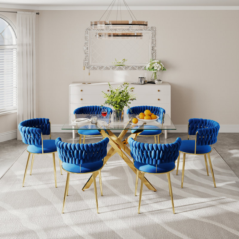 Clear Rectangle Pedestal Dining Set with Weaven Velvet Dininig Chair, 7 Pieces: Table, 6 Chairs, 29.3"H x 51"L x 29.5"W