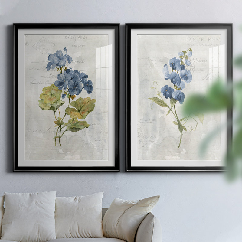 Lin bleu géranium - ensemble de 2 reproductions d'art, Papier encadré noir, Blanc, H 26,5 po x l 73 po x P 1,5 po