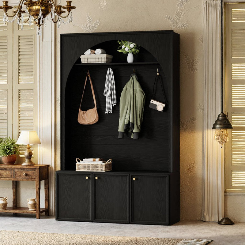 Hall Tree With Adjustable Shelves, 4 Hooks, 3 Cabinets & Bench, Mdf Mudroom Organizer For Entryway, Noir