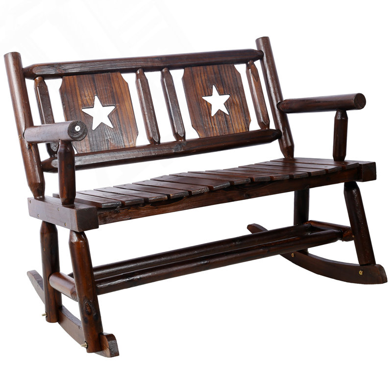 Outdoor Wood Rocking Bench Carbonized Double Rocker For 2 With Wide Curved Seat, Perfect For Porch And Garden Relaxation